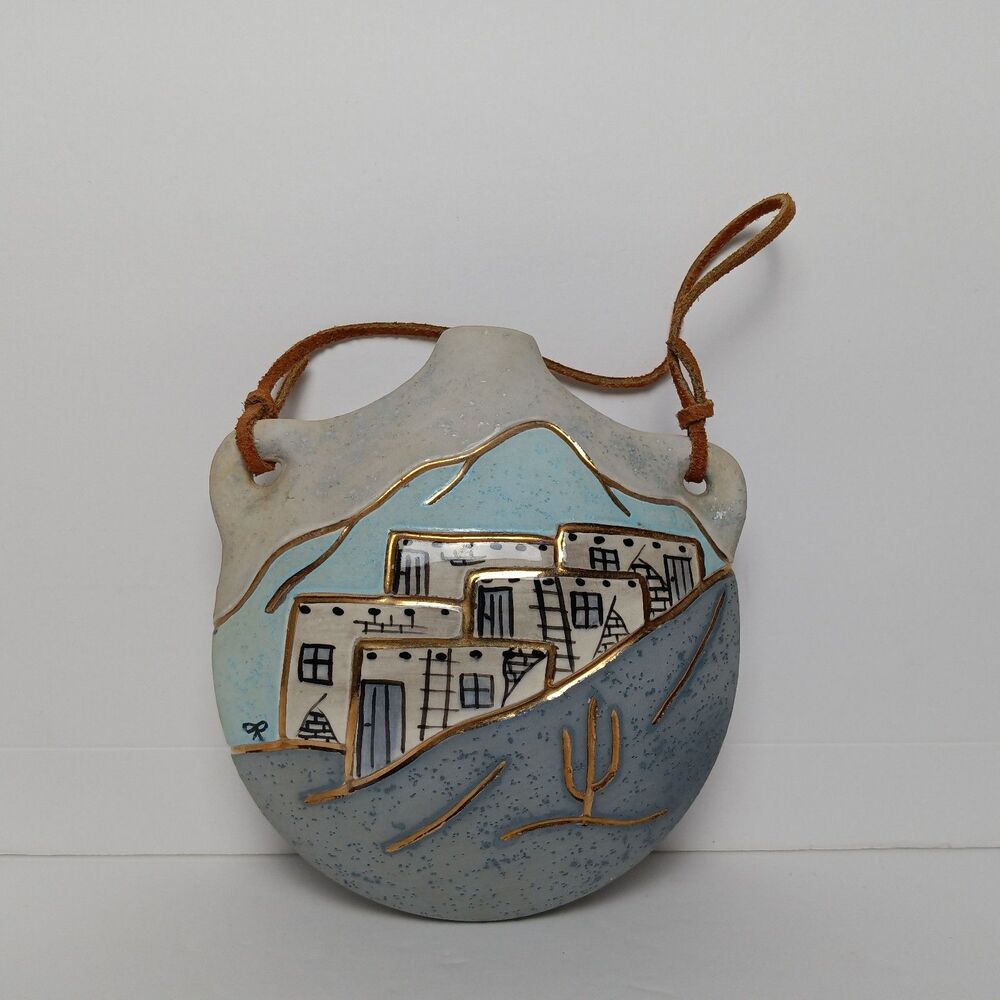 Vintage B.J. Gore From San Jon New Mexico Handpainted Hanging Pottery Canteen